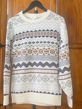 BP Fair Isle Crewneck Sweater Women's Small Gray Blue Brown Cozy Nordic Pullover